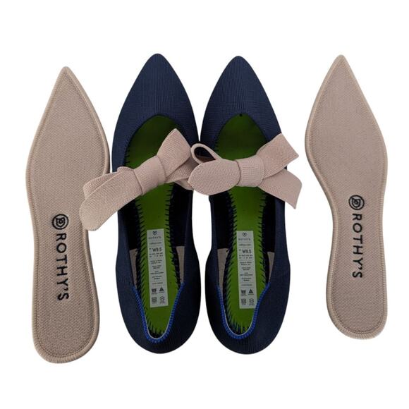 Rothys Sapphire Blue Point Toe Mary Jane Knit Bow Ballet Flats Size 9.5 - Picture 9 of 12